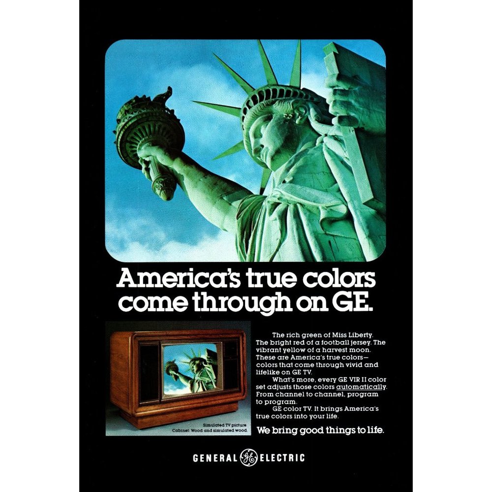 1979 GE General Electric True Color TV On Vintage Print Ad Statue of Liberty Art